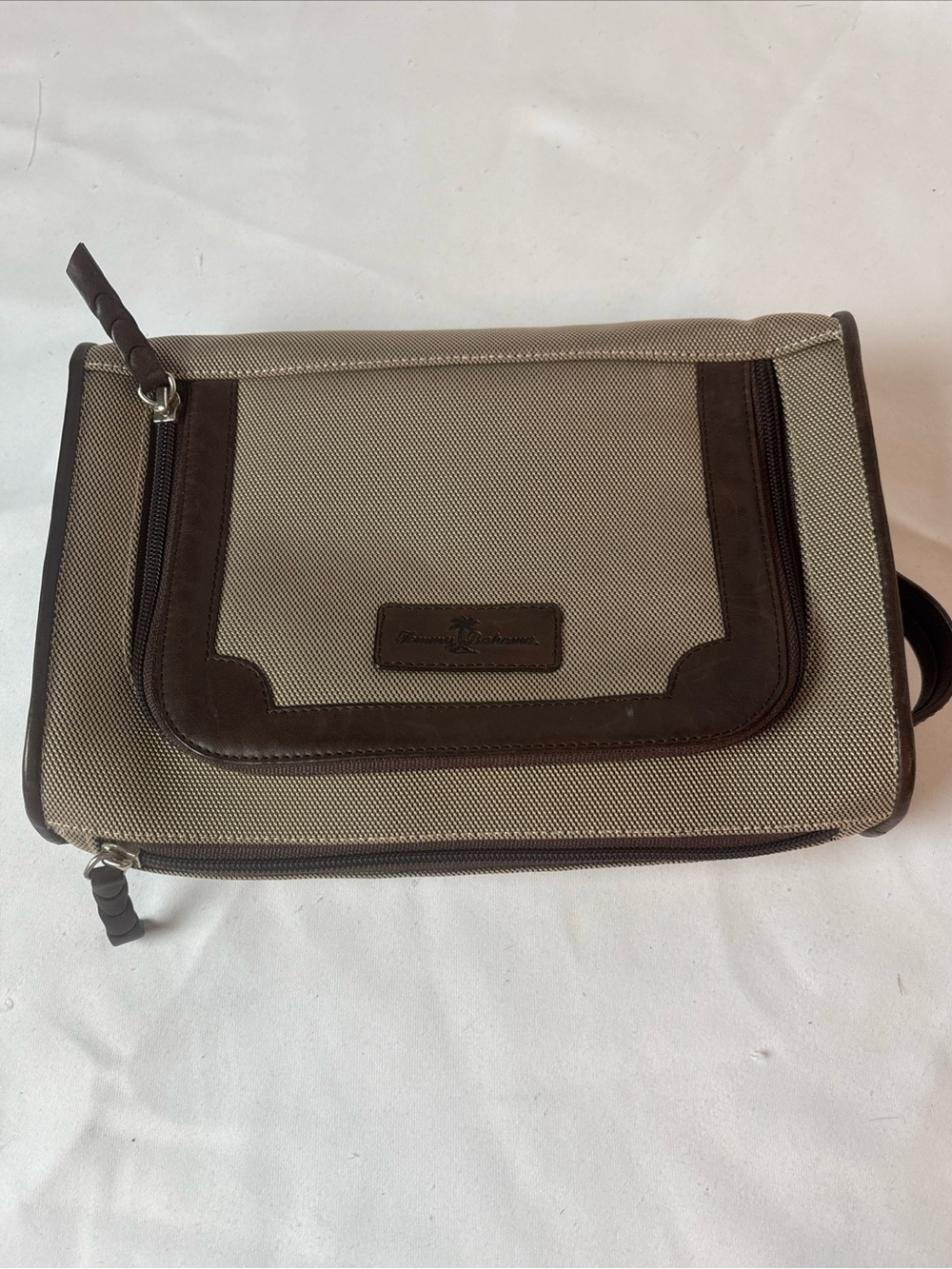 Tommy Bahama Toiletry Bag Dopp Kit Beige Nylon Leather Trim Print Lining
